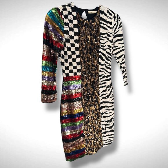 Alice + Olivia Jae Mixed Pattern Sequin Mini Dress Sz 2 Animal Print Maximalist - Picture 4 of 12